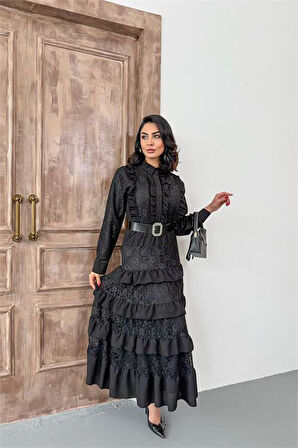 Kadın siyah kemerli özel tasarım dantel detaylı elbise DPMS2547