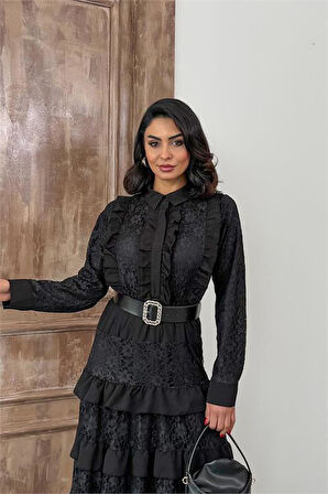 Kadın siyah kemerli özel tasarım dantel detaylı elbise DPMS2547