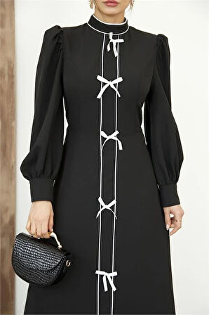 Kadın Özel Tasarım atlas kumaş fiyonk detaylı uzun elbise DPMS2515