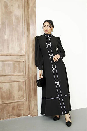 Kadın Özel Tasarım atlas kumaş fiyonk detaylı uzun elbise DPMS2515