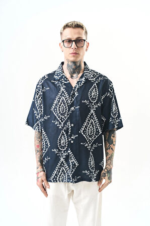 Erkek Pais Pattern Baskılı Oversize Gömlek Beyaz