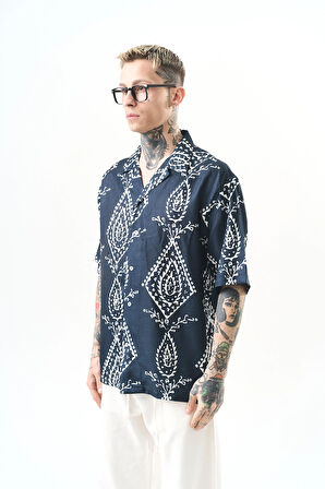 Erkek Pais Pattern Baskılı Oversize Gömlek Beyaz