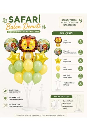 Dehaparty Safari Temalı Doğum Günü Balon Seti Aslan Folyo Hayvanlı Yuvarlak Yıldız Sarı Açık Yeşil Pastel Çok Renkli Balonlar