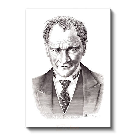 Karakalem Gülümseyen Atatürk - İmzalı Portre Kanvas Tablo