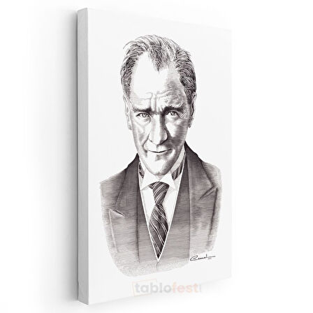 Karakalem Gülümseyen Atatürk - İmzalı Portre Kanvas Tablo