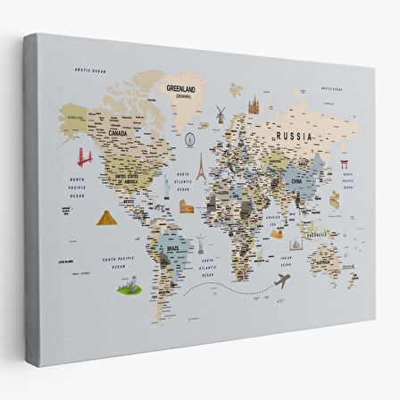Harita Sepeti Dünya Haritası Çok Detaylı Ünlü Yerler Sembollü Kanvas Tablo 1746