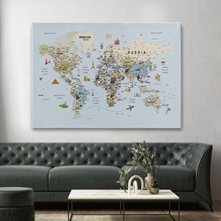 Harita Sepeti Dünya Haritası Çok Detaylı Ünlü Yerler Sembollü Kanvas Tablo 1746