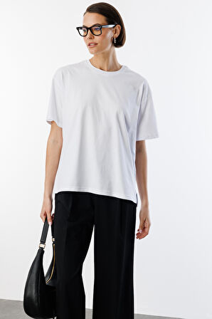  Kadın %100 Organik Pamuk Relaxed Fit Yırtmaçlı Yuvarlak Yaka T-shirt YIRTMAÇLI-T-SHIRT