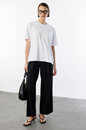  Kadın %100 Organik Pamuk Relaxed Fit Yırtmaçlı Yuvarlak Yaka T-shirt YIRTMAÇLI-t-shirt