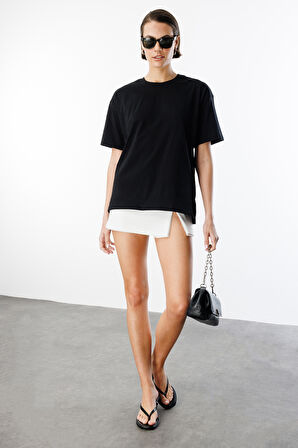  Kadın %100 Organik Pamuk Relaxed Fit Yırtmaçlı Yuvarlak Yaka T-shirt YIRTMAÇLI-t-shirt