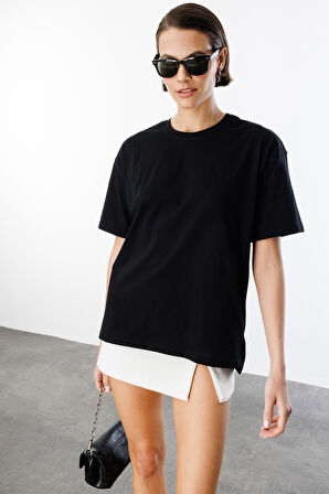  Kadın %100 Organik Pamuk Relaxed Fit Yırtmaçlı Yuvarlak Yaka T-shirt YIRTMAÇLI-t-shirt