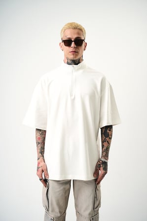 Erkek Be Kind Nakışlı Yarım Fermuarlı Oversize T-Shirt Ekru