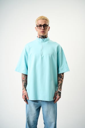 Erkek Be Kind Nakışlı Yarım Fermuarlı Oversize T-Shirt Bebe Mavi