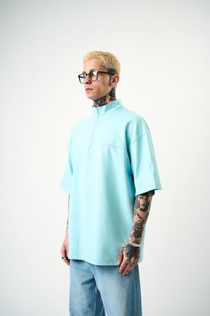 Erkek Be Kind Nakışlı Yarım Fermuarlı Oversize T-Shirt Bebe Mavi