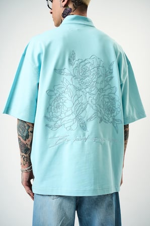 Erkek Be Kind Nakışlı Yarım Fermuarlı Oversize T-Shirt Bebe Mavi