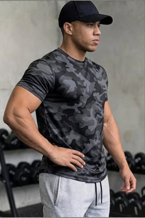2'li Erkek Nem Emici Hızlı Kuruma Atletik Teknik Kamuflaj Desenli Spor T-shirt Siyah-Gri