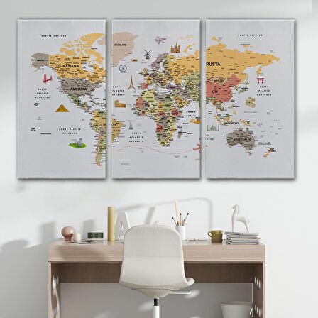 Harita Sepeti Türkçe Dünya Haritası Çok Detaylı Ünlü Yerler Sembollü Kanvas Tablo 1747