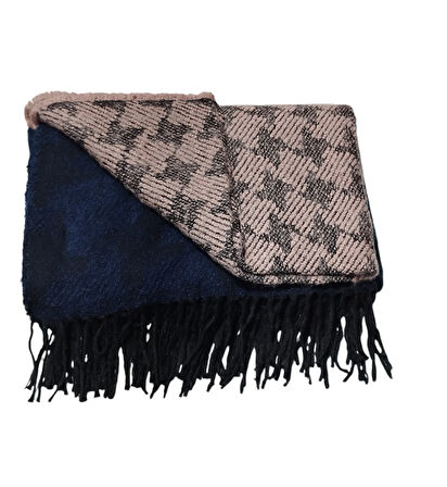 Kazayağı Desenli Yumoş Kışlık Şal Lacivert Pembe (180*65)