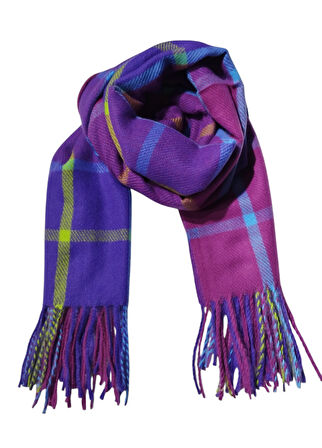 Neon Yeşil Mavi Çizgili Mor Yumoş Kışlık Şal (70*180)