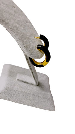 Kadın Çelik Siyah Mineli Halka Küpe Altın Renk