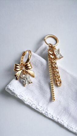 Kadın Çelik Zincir Fiyonk Uclu Taşlı Küpe Altın Renk