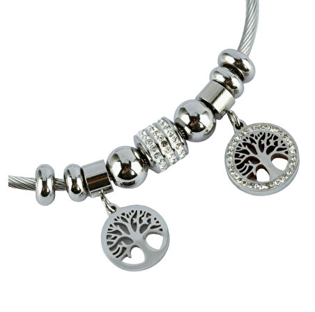 Kadın Çelik Hayat Ağacı Temalı Manyetik Bileklik Gümüş Renk