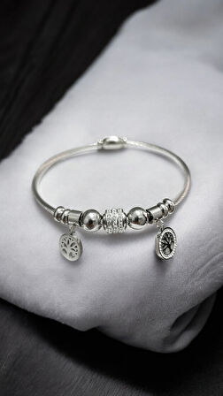 Kadın Çelik Hayat Ağacı Temalı Manyetik Bileklik Gümüş Renk