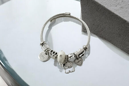 Kadın Çelik Charm Bileklik Bilezik Fil Figürlü Ekru