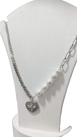 Kadın Çelik İncili Farklı Zincir Detaylı Kalp Kolye Gümüş Renk