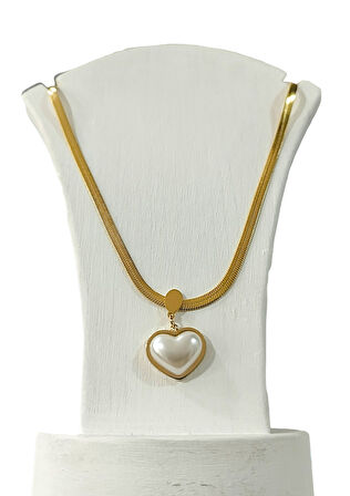 Çelik Bayan Kolye Bombe İnci Kalp Altın Renk