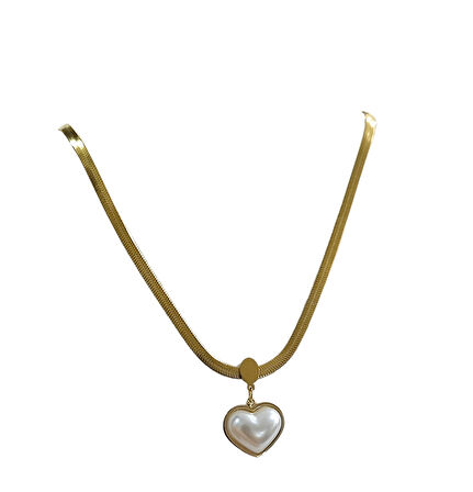 Çelik Bayan Kolye Bombe İnci Kalp Altın Renk