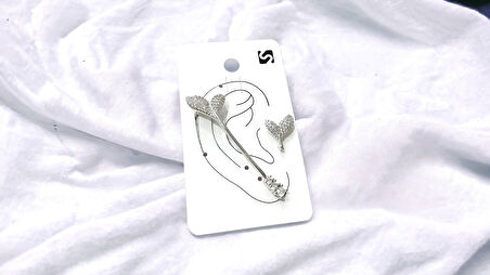 Earcuff Çelik Zirkon Taşlı Balina Kuyruğu GÜmüş Renk Kıkırdak Küpe+Küpe