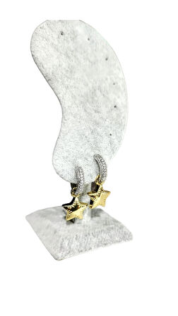 316 L Çelik Halkası Zirkon Taşlı Yıldız Detaylı Gümüş Altın Renk Küpe