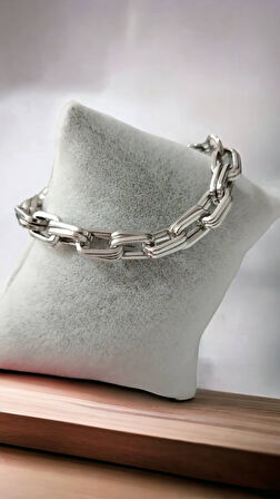 Çelik Gümüş Renk Kararmaz kadin Klasik Tasarım Bileklik( 17+5 Boy)