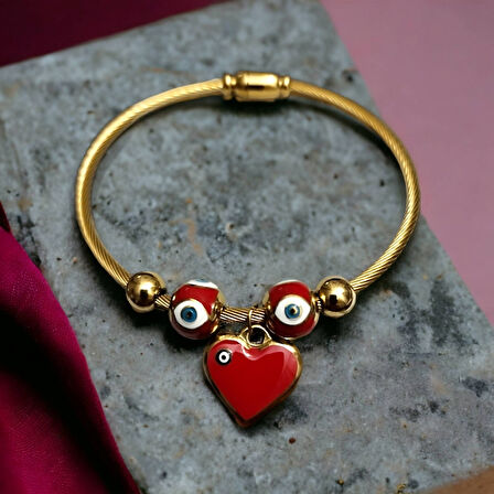 Bayan Çelik Kalp Nazar Boncuklu Gold Renk Kararmaz Mıknatıslı Kadın Bileklik