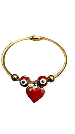 Bayan Çelik Kalp Nazar Boncuklu Gold Renk Kararmaz Mıknatıslı Kadın Bileklik
