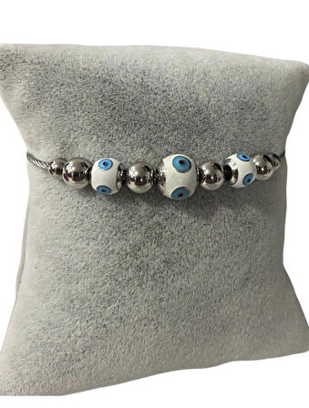 Bayan Çelik Beyaz Nazar Boncuklu Gümüş Renk Kararmaz( 17+5 Boy  )Bileklik