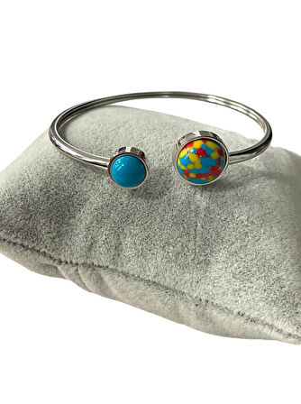 Çelik Mavi Kırmızı Sarı Detaylı Gümüş Renkli Kararmaz Kadın Bilezik Bileklik