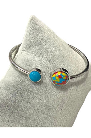 Çelik Mavi Kırmızı Sarı Detaylı Gümüş Renkli Kararmaz Kadın Bilezik Bileklik