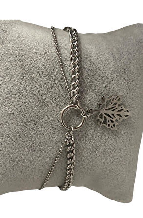 Çelik Çift Zincirli Yaprak Detaylı Gümüş Renkli Kararmaz( 17+5 Boy  )Kadın Bileklik