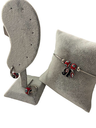 Çelik Nazar Filli Gümüş Renkli Kararmaz( 17+5 Boy  )Kadın Bileklik Küpe Takım