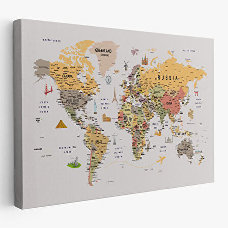 Harita Sepeti Dünya Haritası Çok Detaylı Ünlü Yerler Sembollü Kanvas Tablo 1748