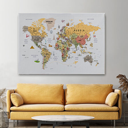 Harita Sepeti Dünya Haritası Çok Detaylı Ünlü Yerler Sembollü Kanvas Tablo 1748