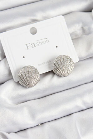 Pirinç Zirkon Taşlı İstiridye Model Gümüş Renk 925 Ayar Gümüş Çivi Kadın Küpe