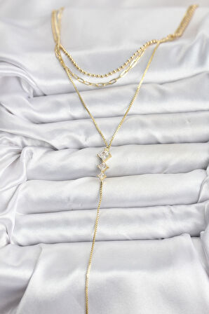 Pirinç Gold Renk Zirkon Taş Detaylı 3'lü Kombin Y Kadın Kolye