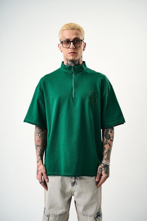 Erkek 3 Nakışlı Yarım Fermuarlı Oversize T-Shirt Nefti