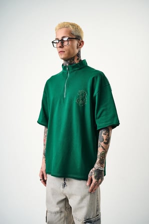 Erkek 3 Nakışlı Yarım Fermuarlı Oversize T-Shirt Nefti