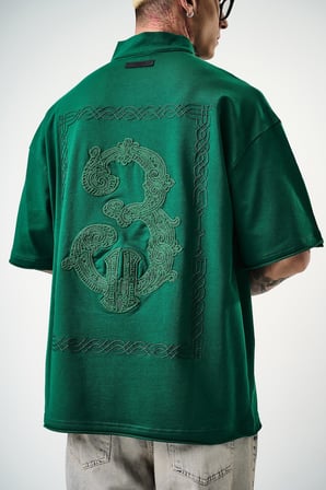 Erkek 3 Nakışlı Yarım Fermuarlı Oversize T-Shirt Nefti