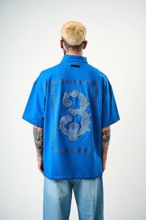 Erkek 3 Nakışlı Yarım Fermuarlı Oversize T-Shirt Mavi