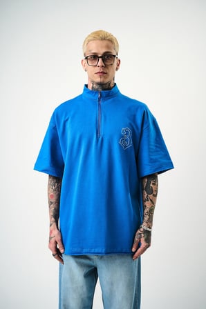 Erkek 3 Nakışlı Yarım Fermuarlı Oversize T-Shirt Mavi
